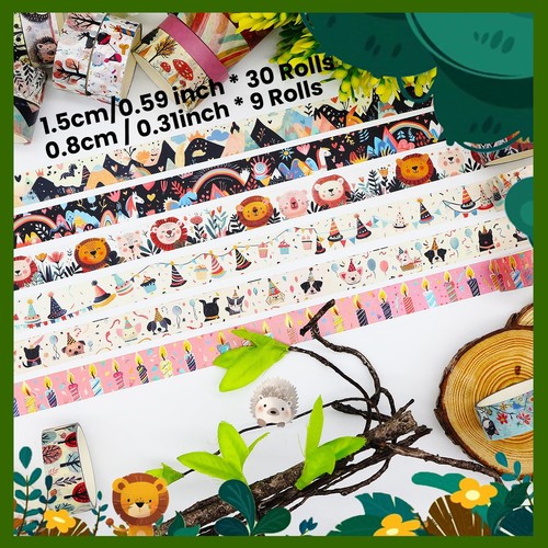 Washi Tape Set 39 Rolls - Cute Animal Colored Decorative Adhesive Tape for Ki... - Picture 3 of 7