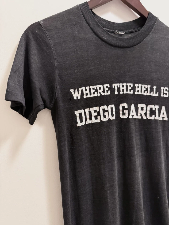 VTG Paper Thin Military Base T-shirt S Black Single Stitch Diego Garcia Thrashed - Image 3 of 4