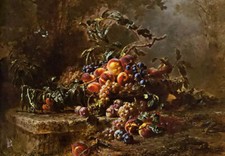 Dipinto olio gustave emile couder - natura morta con frutti su una sporgenza di pietra bello