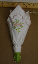 CERAMIC PINK FLORAL WHITE FANCY HANDKERCHIEF HANGING WALL POCKET HOLDER