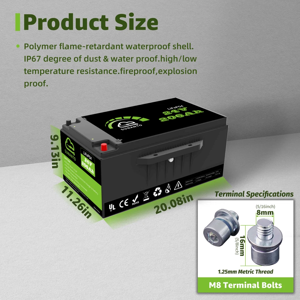 24V 206Ah LiFePO4 Lithium Battery 200A BMS for RV Solar Boat Truck 5000+ Cycle - Image 4 of 4