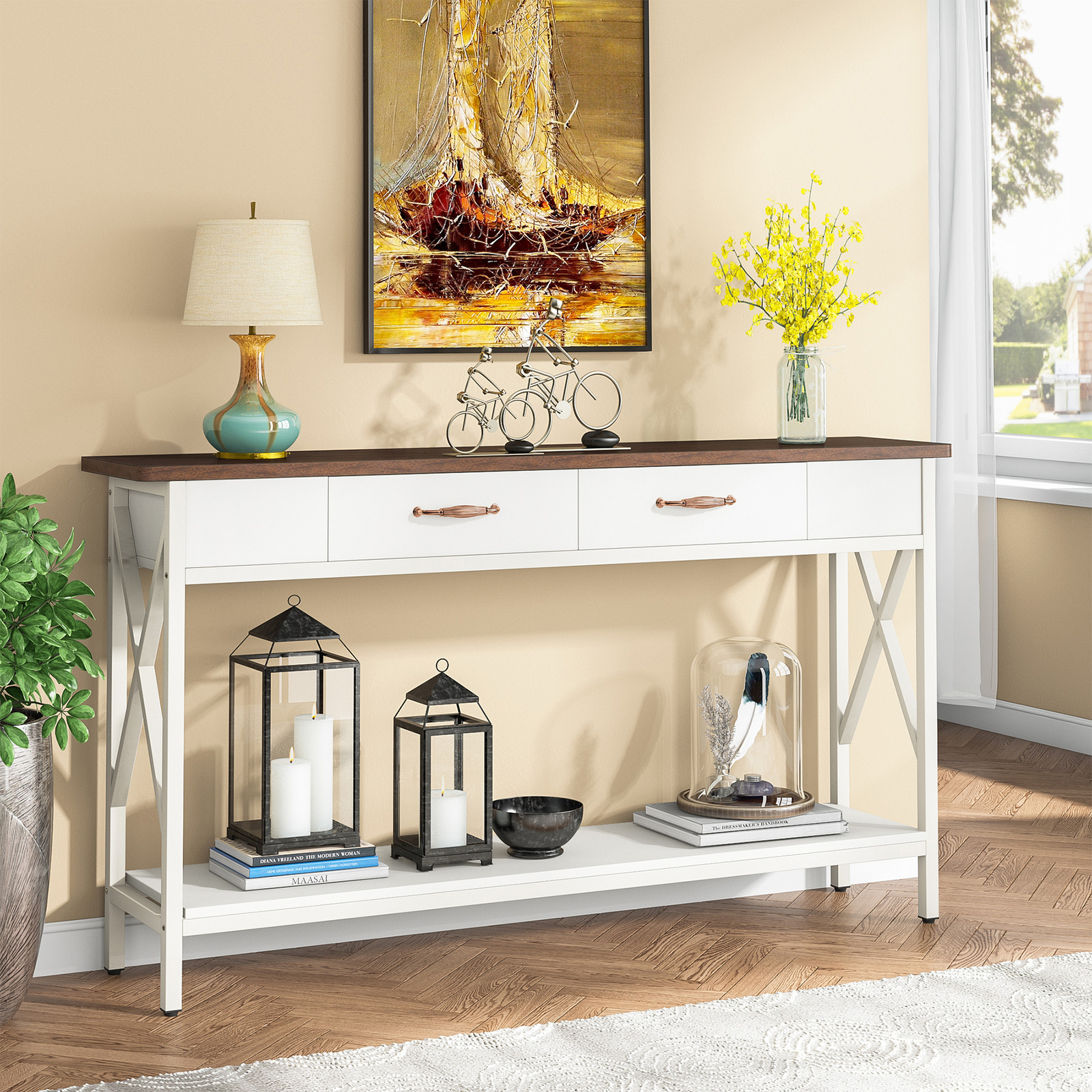 Narrow Behind Couch Sofa Console Table with Drawers, Wood Entryway