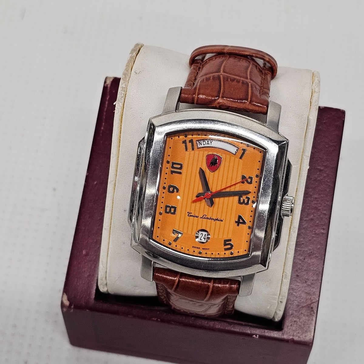 MSRP $1530 Tonino Lamborghini Day/Date Orange Face Watch w/ Auth