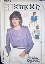 Sewing Pattern Simplicity 7765; ©1986; Misses' Blouses, Size 18, CUT