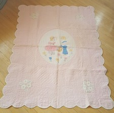 Vintage Handmade Embroidered Little Boy Girl Flowers Baby Quilt 62" x 46"