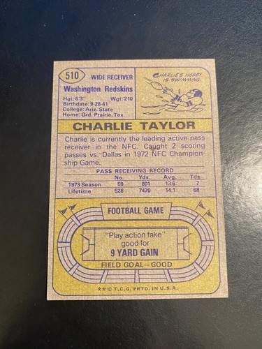 1974 TOPPS FOOTBALL #510 CHARLIE TAYLOR!! $1 SHIPPING!! - Picture 2 of 2