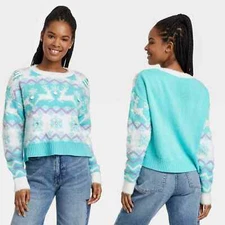 33 Degrees Women's Size Small Reindeer Graphic Sweater Blue