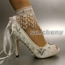 su.cheny 3"4  heel Tassel white ivory satin ribbon peep toe Wedding Bridal shoes