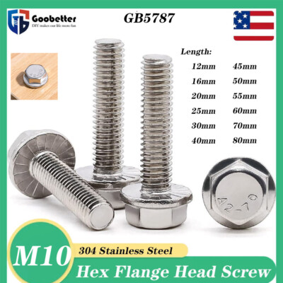  M10 Hexagon Flange Bolts Hex Flange Head Screws 304 Stainless Steel 12mm-80mm