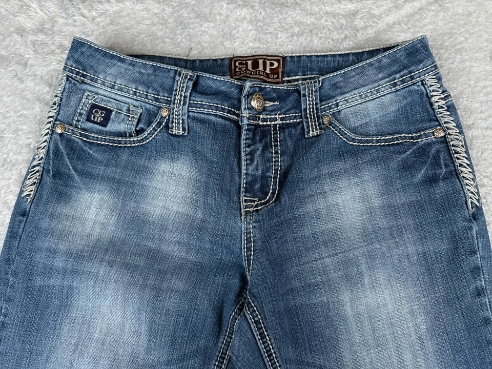 Cowgirl Up Pants Women 29 Blue Denim Jean Bootcut Low Rise Distressed 29x30 - Image 4 of 4