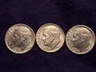 Lot of 3 1964 Roosevelt Dime excellent all AU , 90% silver 10C