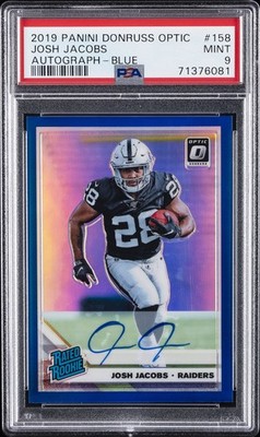 2019 PANINI DONRUSS OPTIC AUTO-BLUE #158 JOSH JACOBS 9/25 PSA 9