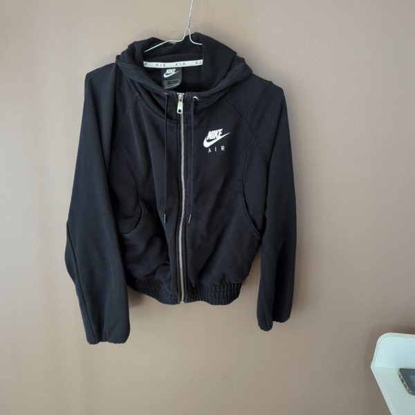 Nike Hoodie Womens S Black Air Full Zip Fleece Cropped Elastic Hem Logo Jacket