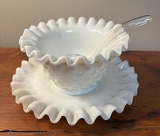 Vintage Fenton Hobnail Milk Glass Mayonnaise Bowl with Underplate and Spoon