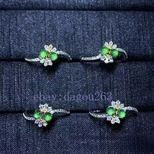 Certified natural A-grade jadeite green flower 925 silver inlaid ring