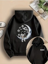 Women's Beige Astronaut  NASA Logo Hooded Sweatshirt - Plush Kangaroo Pocket, D