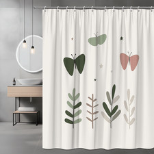 Boho Butterfly and Leaves Shower Curtain, Sage Green Pink Cream