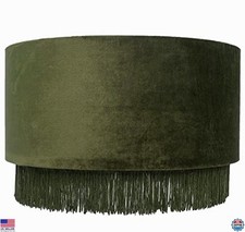Premium Velvet Drum Lamp Shade with Fringe Olive Green 40cm x 26cm Home Decor