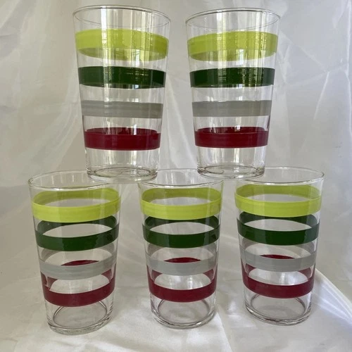 Lot of 5 Federal Glass 4 3/4” Vtg Tumblers Chartreuse Green Gray Maroon Stripes