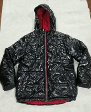 Tommy Hilfiger Boys High Shine Puffer Jacket Black Red Fleece Lined Hood M 10/12