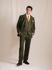 Green Men's Suit Tweed Vintage Retro Three Button Groom Tuxedo Wedding 3 Piece