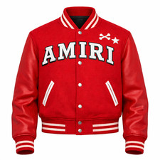 AMIRI Red Varsity Jacket – Premium Wool & Leather | Embroidered Logo