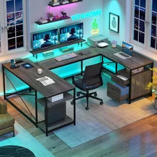 U-Shaped Office Desk with USB, Power Outlets, LED, Drawers, Reversible