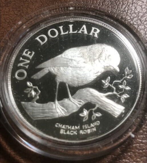 elf New Zealand 1 Dollar 1984 Chatham Island Black Robin Bird  Silver Proof  OGP