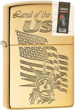 Zippo 99708 lady liberty land of free High Polish Brass Lighter + FLINT PACK