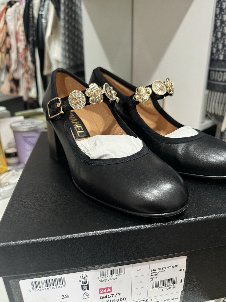 Chanel 24A Metiers D'art Black Leather Mary Jane Heels with Gold