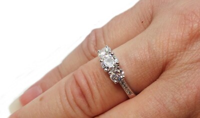 14kt white gold diamond accented 3 stone Moissanite anniversary ring size 6.25