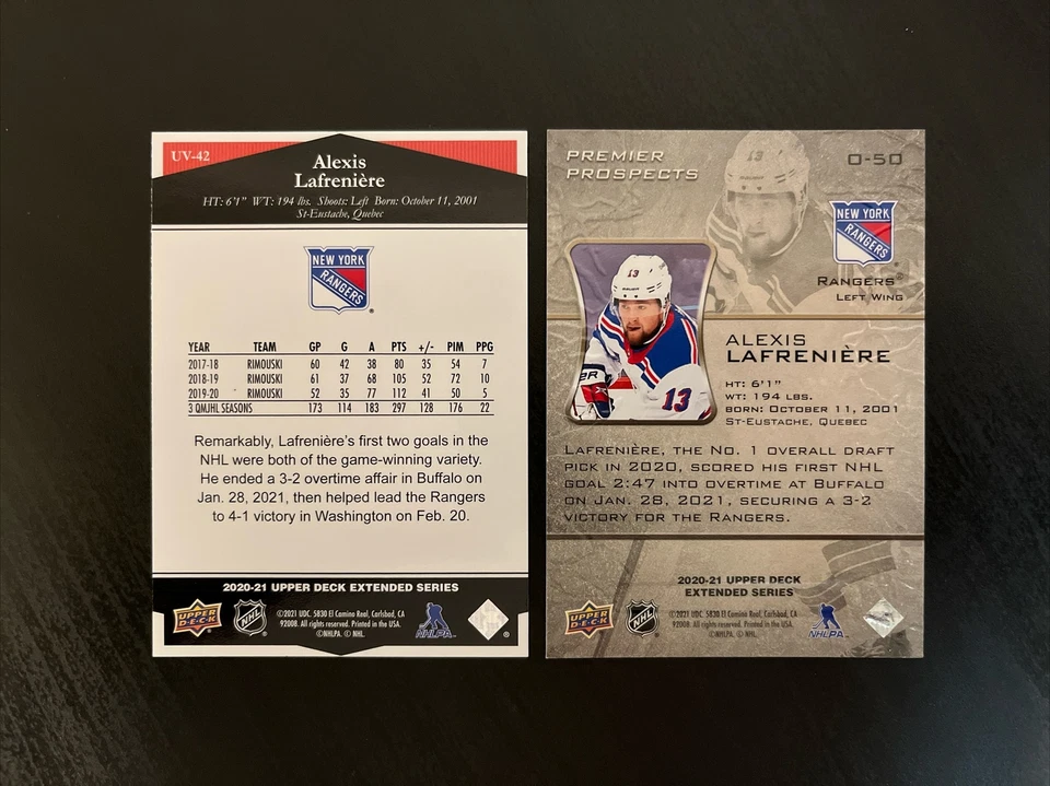2020-21 Upper Deck Ovation & Ultimate Victory Rookies Alexis Lafreniere Rangers - Image 2 of 2