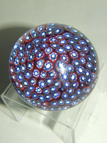 Large Beautiful Antique Murano Glass Millefiori Paperweight Red,Blue & White VGC