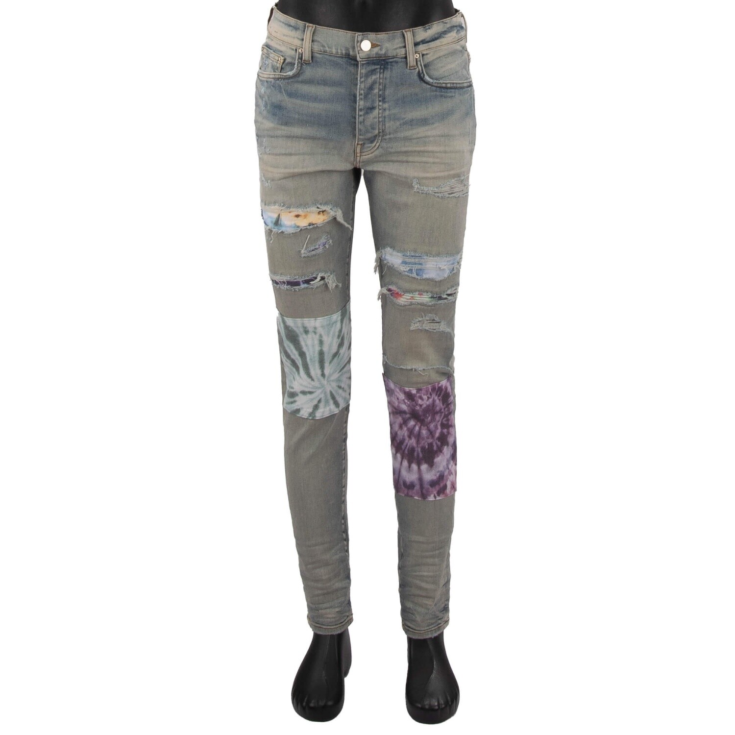 AMIRI Tie Dye Art Patch Skinny Stretch Distressed Jeans Pants Indigo Blue 33 M