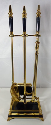 Vintage Elegant Brass and Black Marble Stone Fireplace Tool Set 4 Piece + Stand