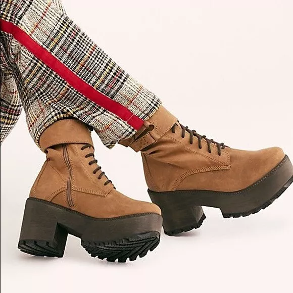 Free People Vegan Harlowe Platform Combat Clog Lace Up Tan Boots