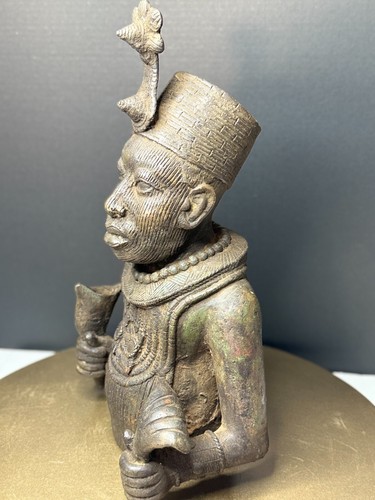 Benin Style Bronze Oba Warrior King Bust Statue - 16" African Tribal Art - Picture 5 of 24