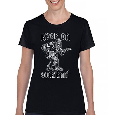 Keep On Squatchin T-Shirt Fun Sasquatch Rock N Roll Bigfoot Guitar Women's Tee
