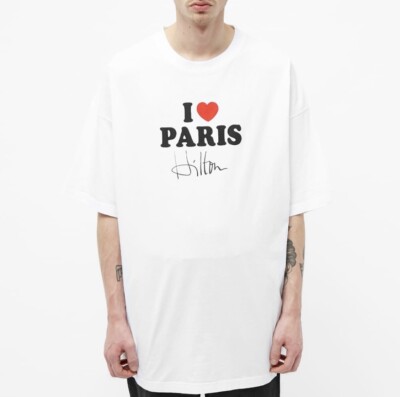 VETEMENTS I ♥ PARIS Tシャツ NWT RARE ICONIC Vetements I LOVE PARIS “HILTON” White T-Shirt L
