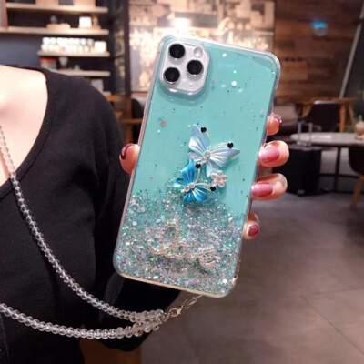 For Samsung S21 S20 FE Note20 10 8 9 Glitter Bling Diamond Butterfly Case w/Rope