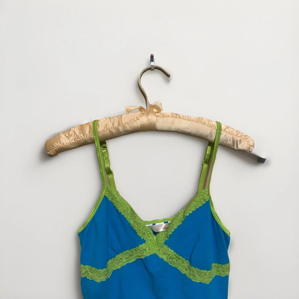 Винтажный розовый камзол индиго синий неоновый зеленый кружева Sz L Y2K кокетка - Изображение 4 из 4