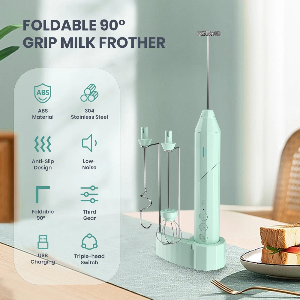 Milk Frother Handheld, USB Rechargeable Electric Foam Maker w/ 3 Heads for Latte