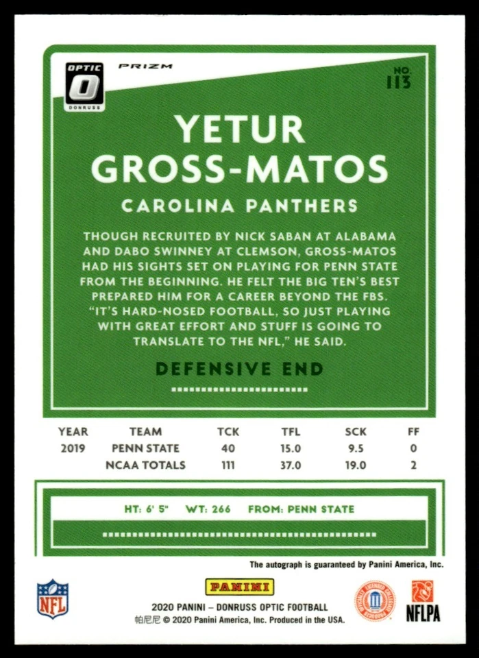 2020 Donruss Optic Rookies Autographs Red Hyper Yetur Gross-Matos Auto Carolina - Image 2 of 2