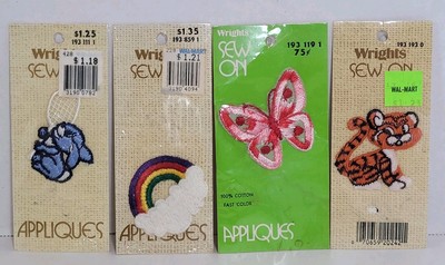 Lot Of 4 Vintage Wrights Sew On Sewing Appliques Patches Kids Rainbow Tiger