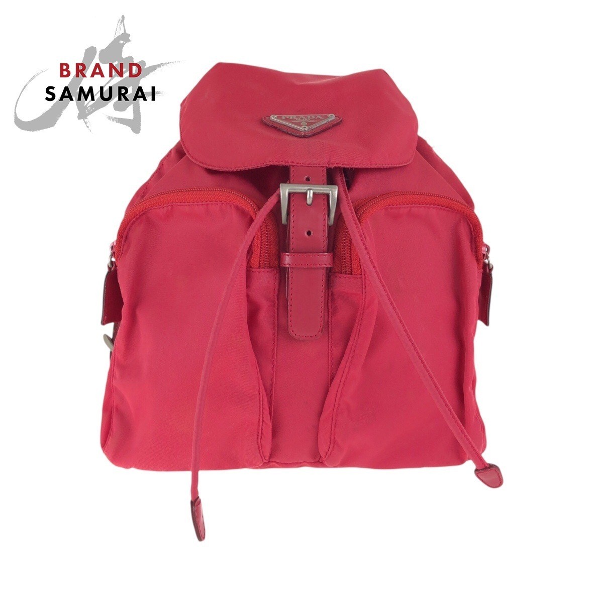 PRADA Tessuto Triangle Logo Plate Red Silver Hardware Nylon Leather Rucksack Day