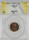 1909 VDB 1c Lincoln Copper Penny Cent ANACS MS64 RB