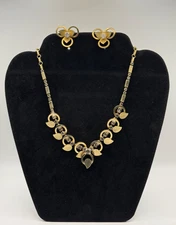 Vintage Gold-Tone Leaf & Rhinestone Necklace & Earrings Set – Art Deco Style