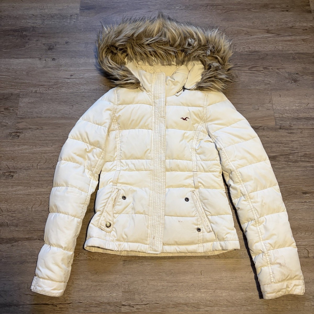 HOLLISTER ホリスター　フェイクファージャケット ホワイト　XXSサイズ Hollister Y2K White Puffer Jacket Fur Hood Size Medium Womens | eBay