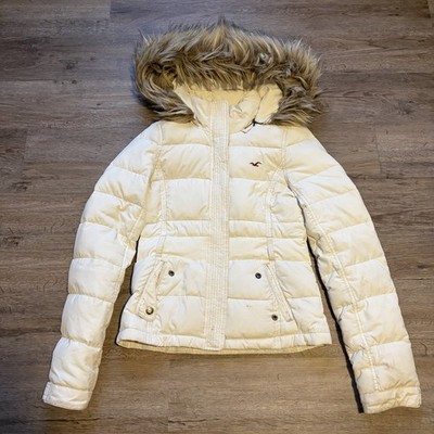 Hollister Y2K White Puffer Jacket Fur Hood Size Medium Womens | eBay