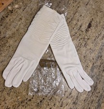 New Vtg Women Size L Off-White Stretch Nylon Formal 11" Long Gloves Ruched
